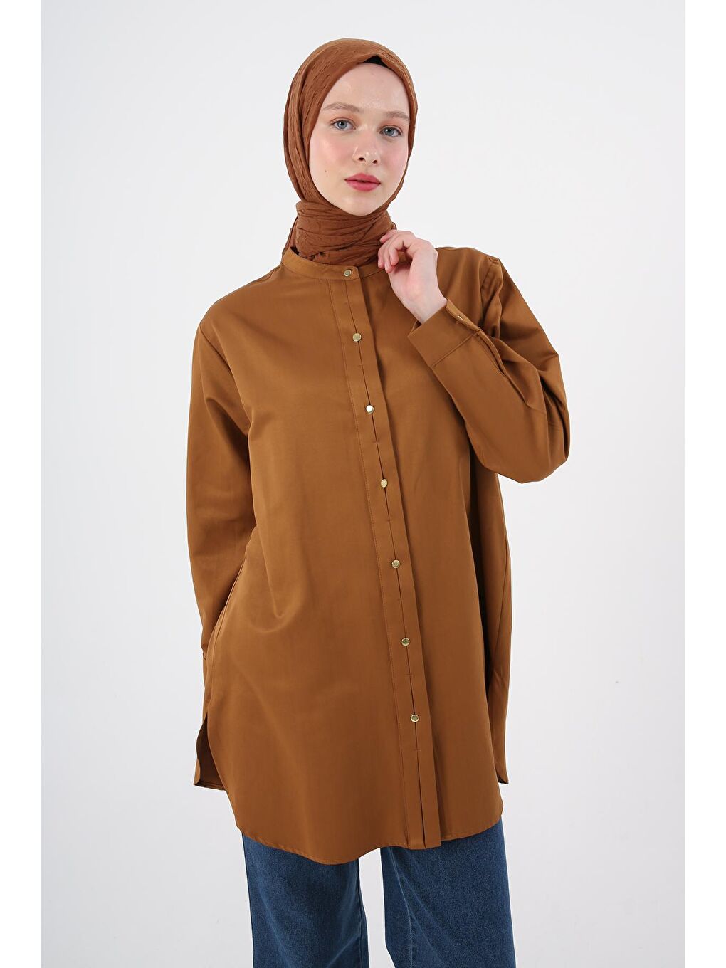 Kahverengi Kahve Hakim Yaka Saten Gömlek Tunik-4
