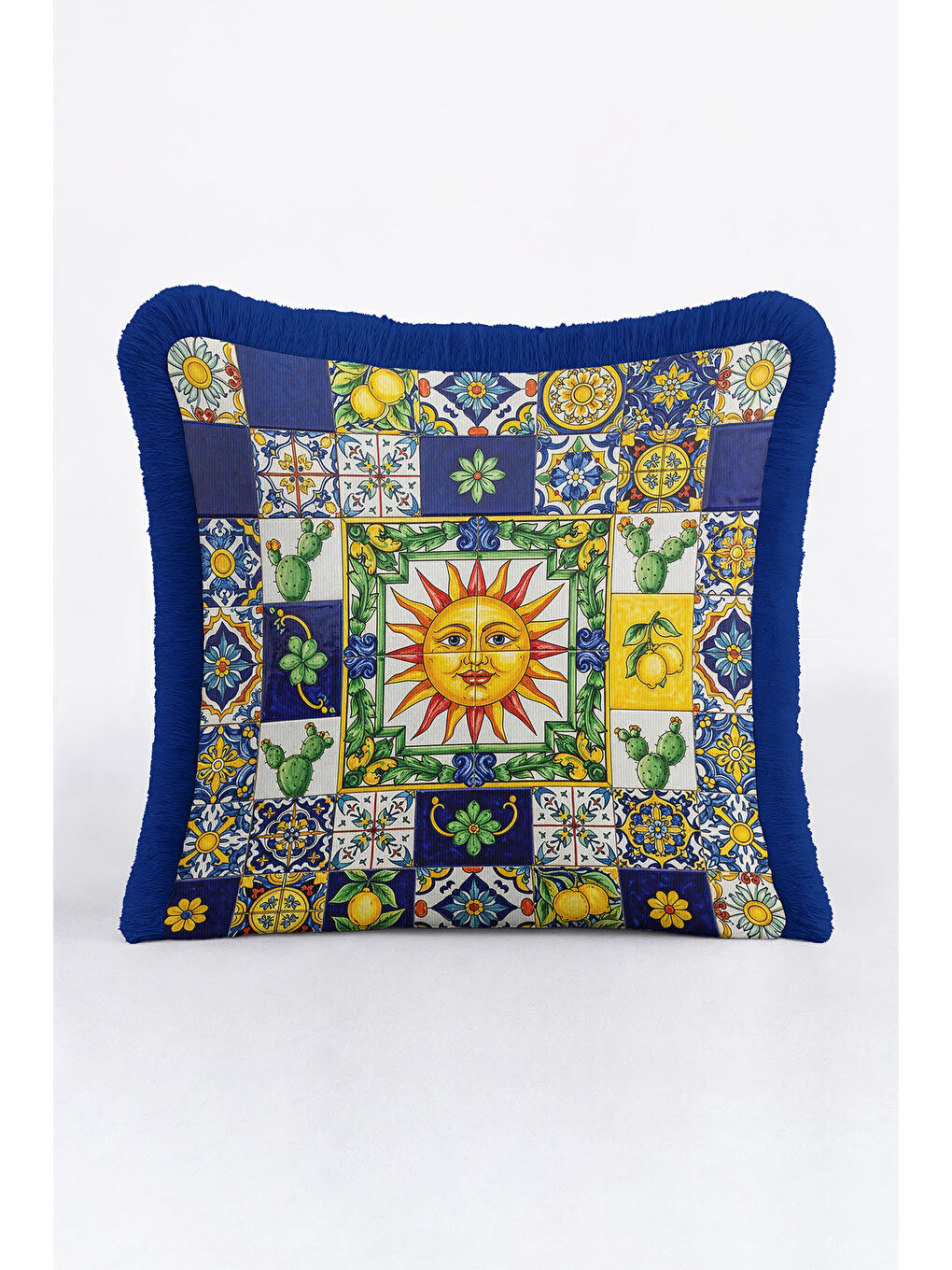 Karışık Akdeniz Güneşi Saçaklı Yastık Kılıfı - Renkli Retro Limon Temalı Lacivert Püsküllü Kırlent Kılıfı