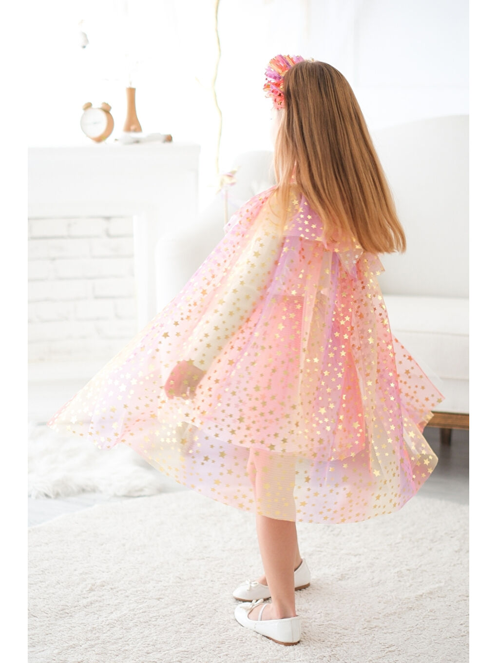 Sarı Kız Çocuk Yıldızlı Pelerin Asa ve Taç Set-3