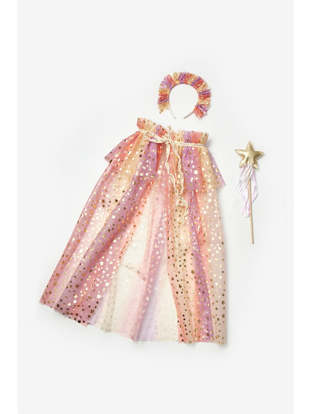 Sarı Kız Çocuk Yıldızlı Pelerin Asa ve Taç Set-4