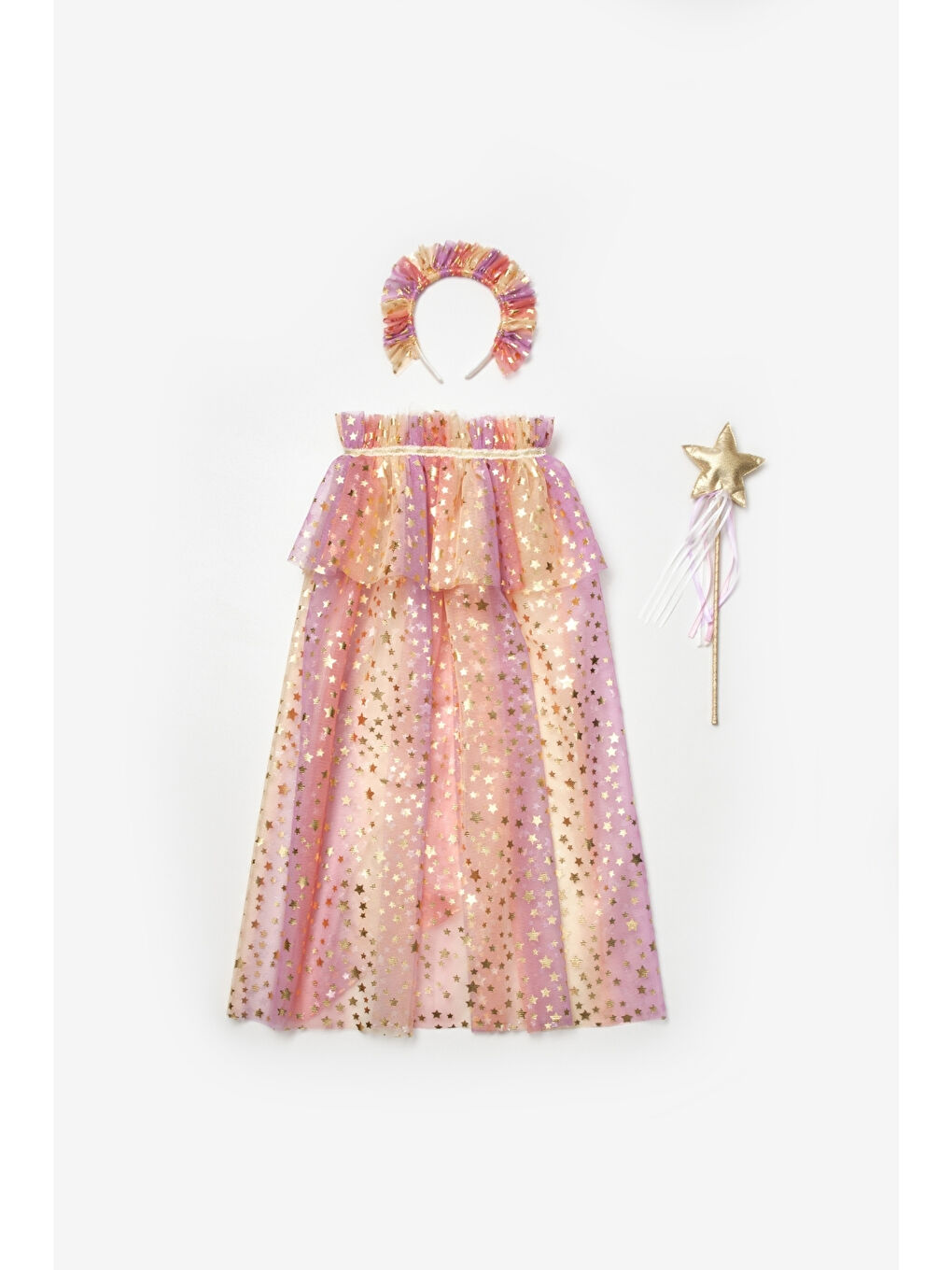 Sarı Kız Çocuk Yıldızlı Pelerin Asa ve Taç Set-5