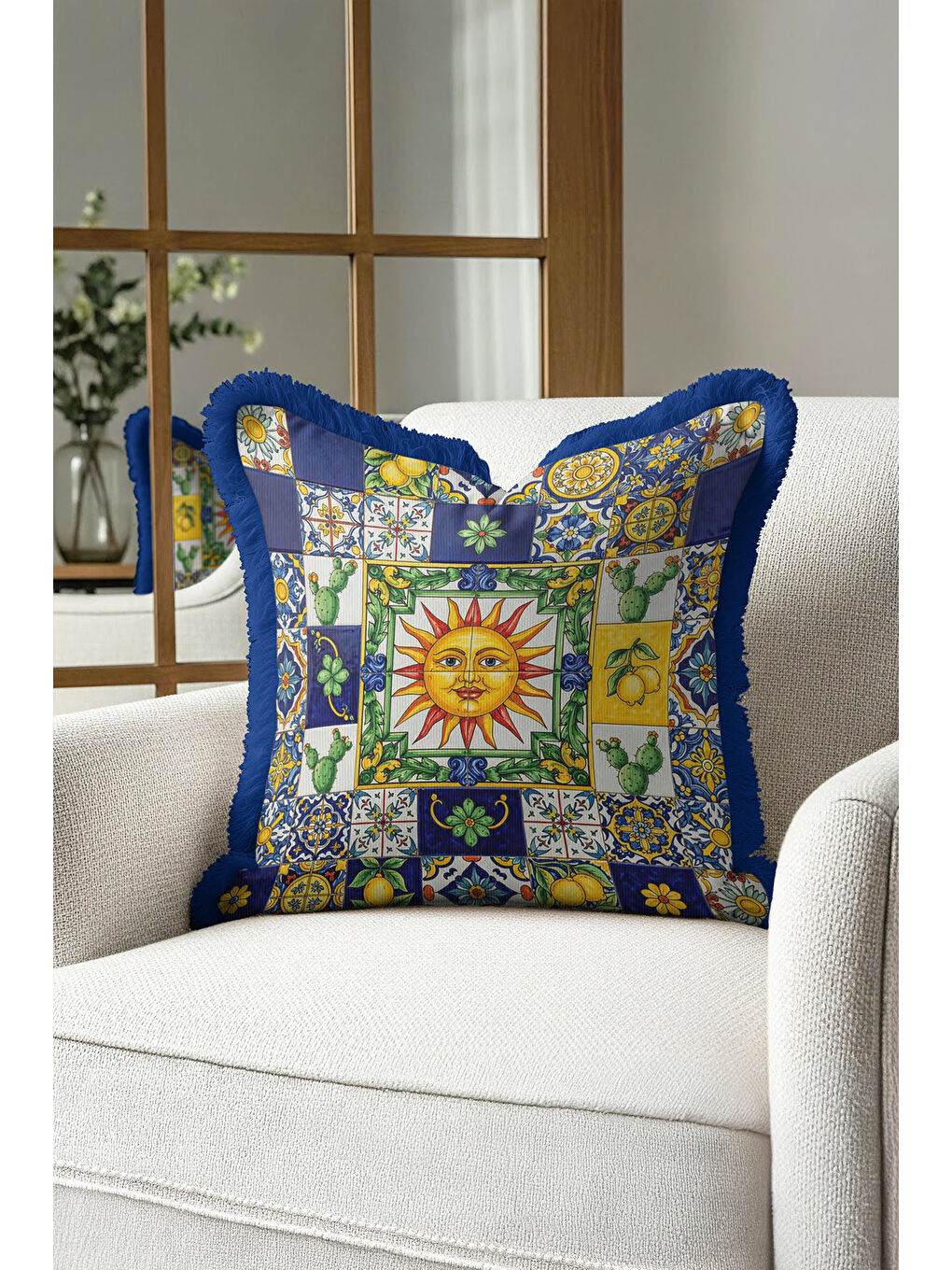 Karışık Akdeniz Güneşi Saçaklı Yastık Kılıfı - Renkli Retro Limon Temalı Lacivert Püsküllü Kırlent Kılıfı-2