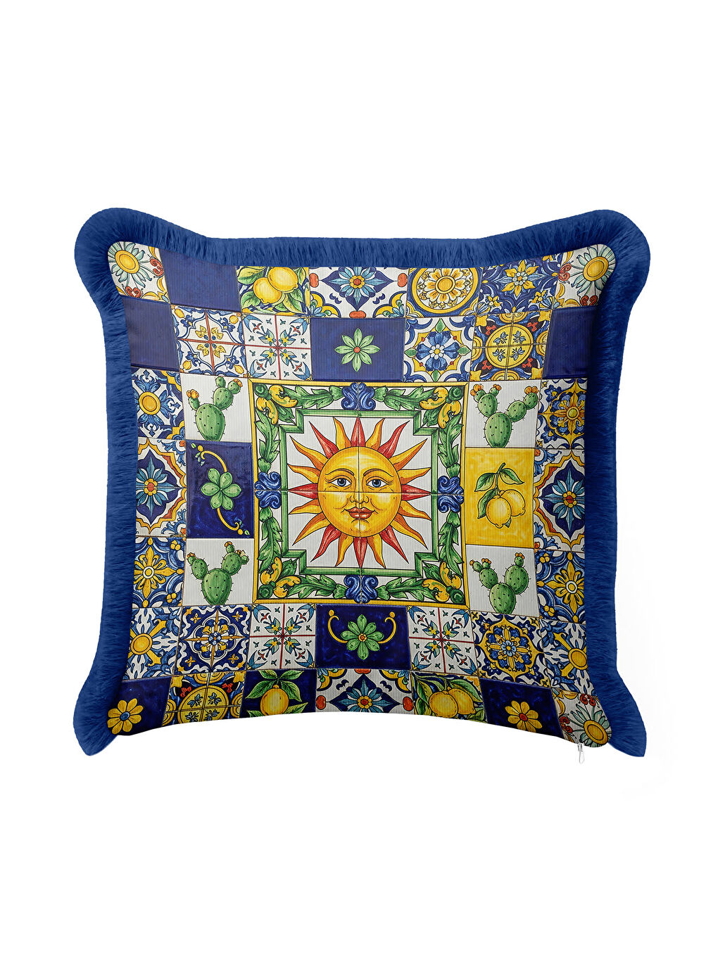 Karışık Akdeniz Güneşi Saçaklı Yastık Kılıfı - Renkli Retro Limon Temalı Lacivert Püsküllü Kırlent Kılıfı-3