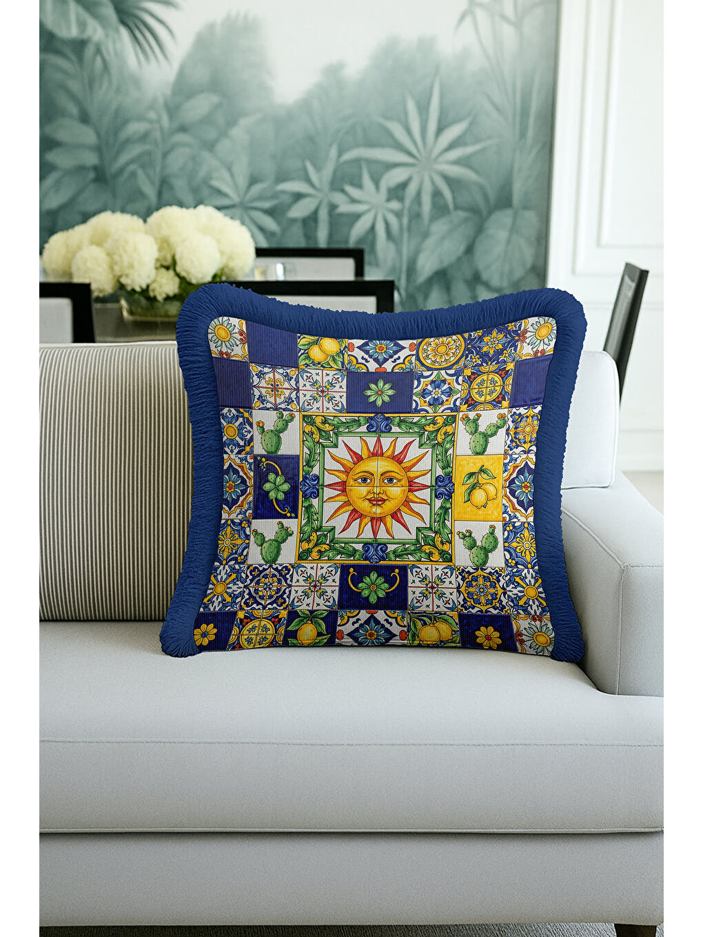 Karışık Akdeniz Güneşi Saçaklı Yastık Kılıfı - Renkli Retro Limon Temalı Lacivert Püsküllü Kırlent Kılıfı-4