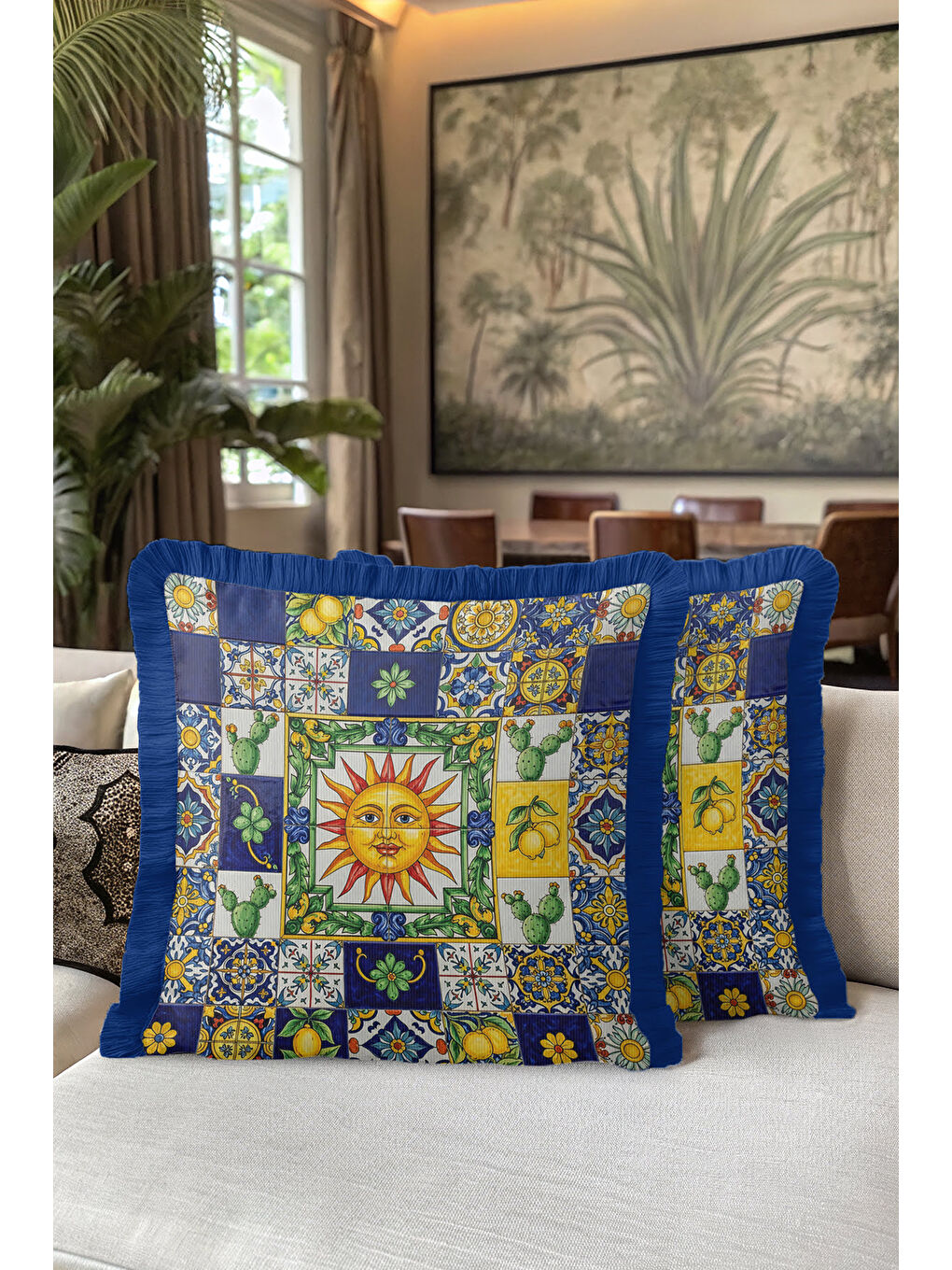 Karışık Akdeniz Güneşi Saçaklı Yastık Kılıfı - Renkli Retro Limon Temalı Lacivert Püsküllü Kırlent Kılıfı-5