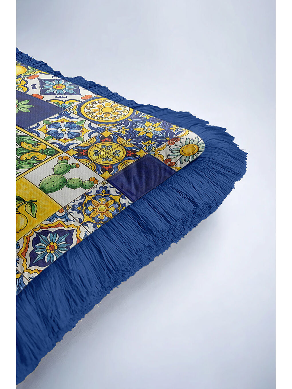 Karışık Akdeniz Güneşi Saçaklı Yastık Kılıfı - Renkli Retro Limon Temalı Lacivert Püsküllü Kırlent Kılıfı-6