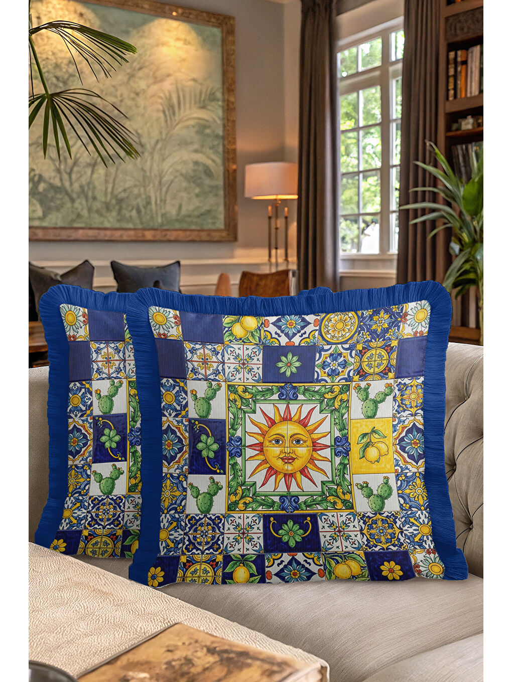 Karışık Akdeniz Güneşi Saçaklı Yastık Kılıfı - Renkli Retro Limon Temalı Lacivert Püsküllü Kırlent Kılıfı-7