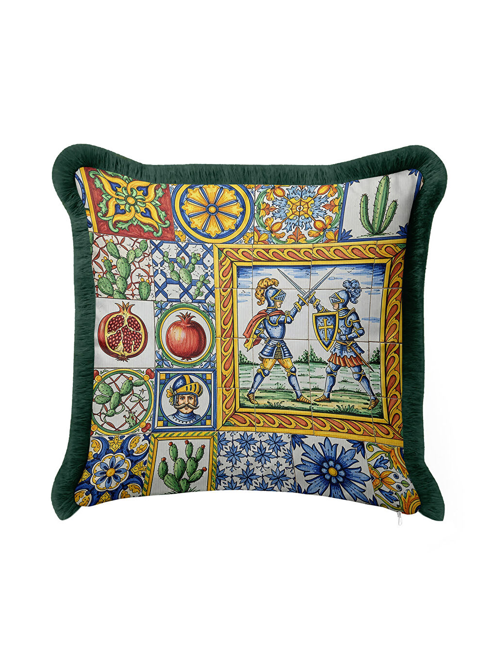 Karışık Akdeniz Şövalye Mozaik Saçaklı Yastık Kılıfı - Renkli Ortaçağ Eklektik Yeşil Püsküllü Kırlent Kılıfı-2