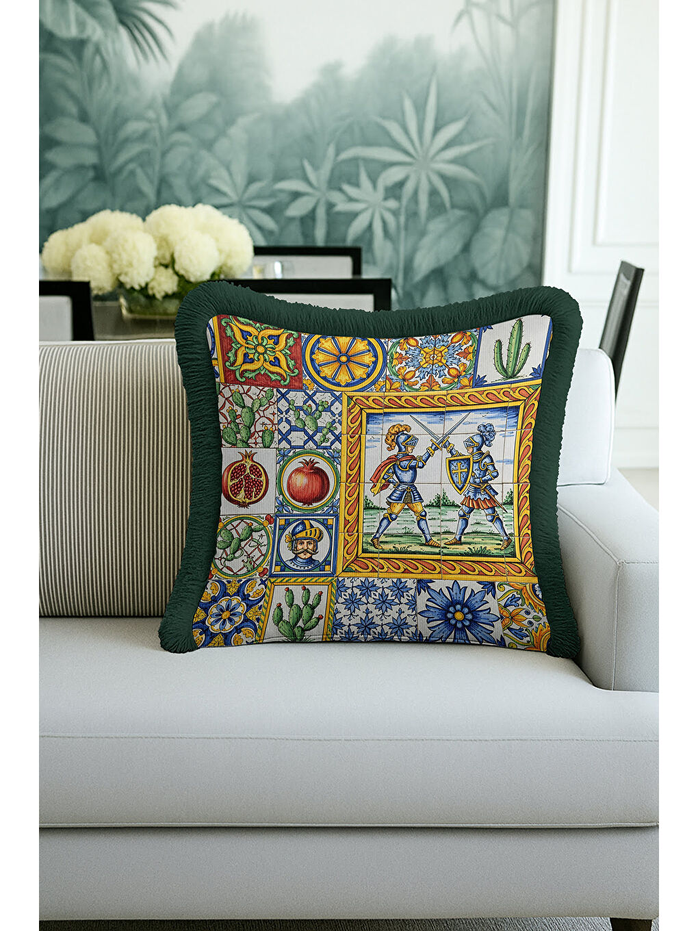 Karışık Akdeniz Şövalye Mozaik Saçaklı Yastık Kılıfı - Renkli Ortaçağ Eklektik Yeşil Püsküllü Kırlent Kılıfı-3