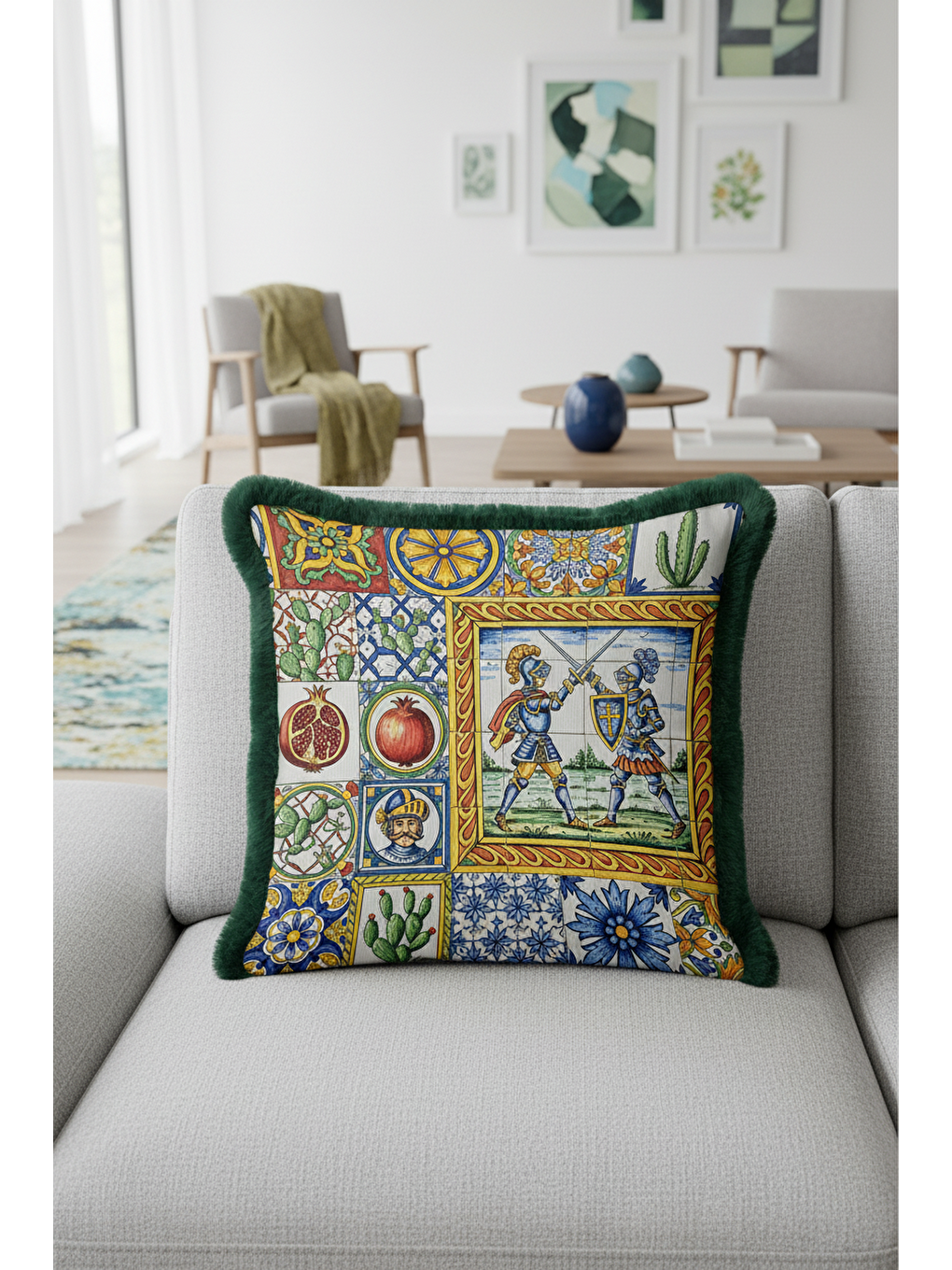 Karışık Akdeniz Şövalye Mozaik Saçaklı Yastık Kılıfı - Renkli Ortaçağ Eklektik Yeşil Püsküllü Kırlent Kılıfı-4