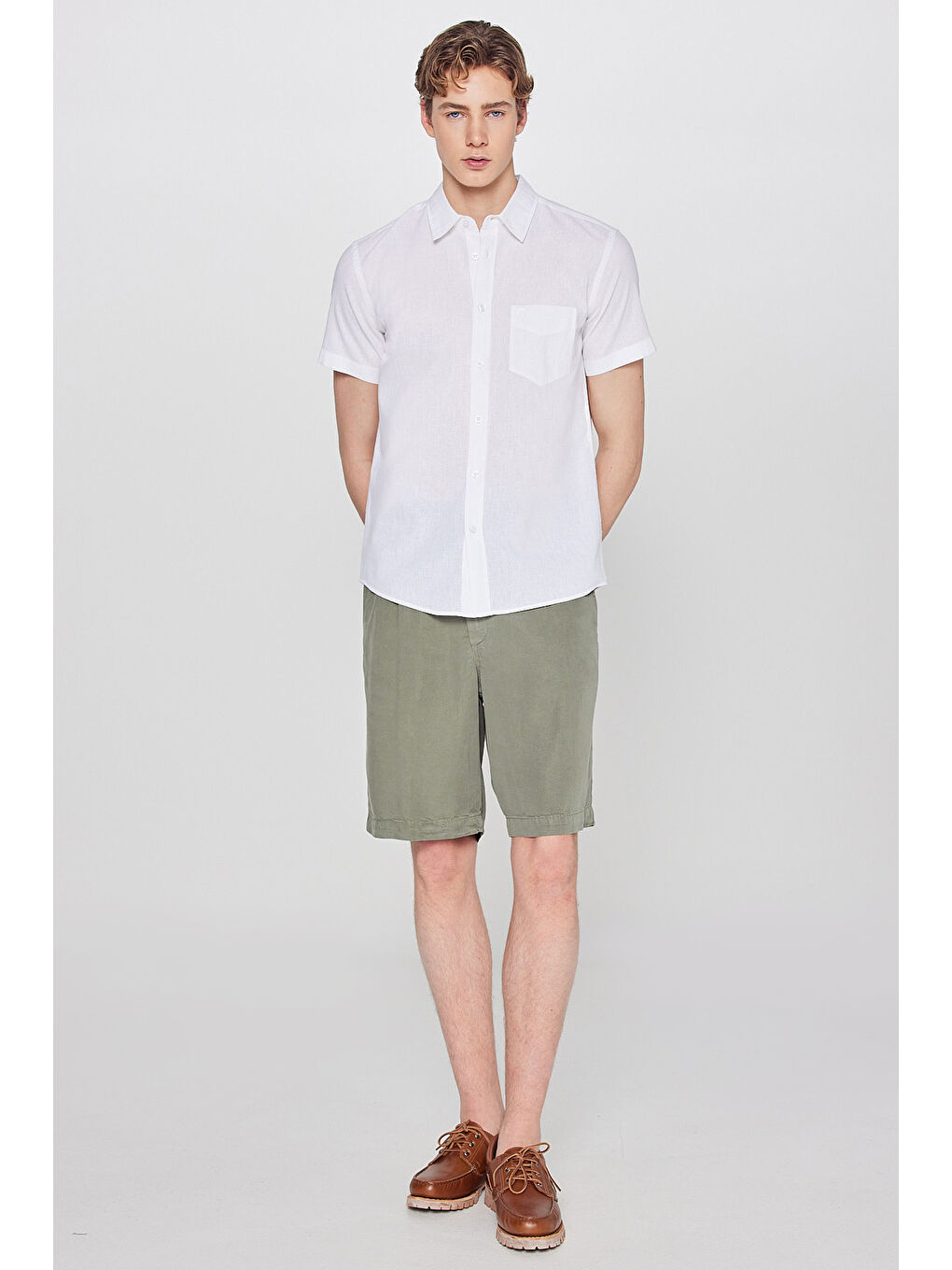 Beyaz Regular Fit Kısa Kollu Düğmeli Yaka Keten Gömlek-2