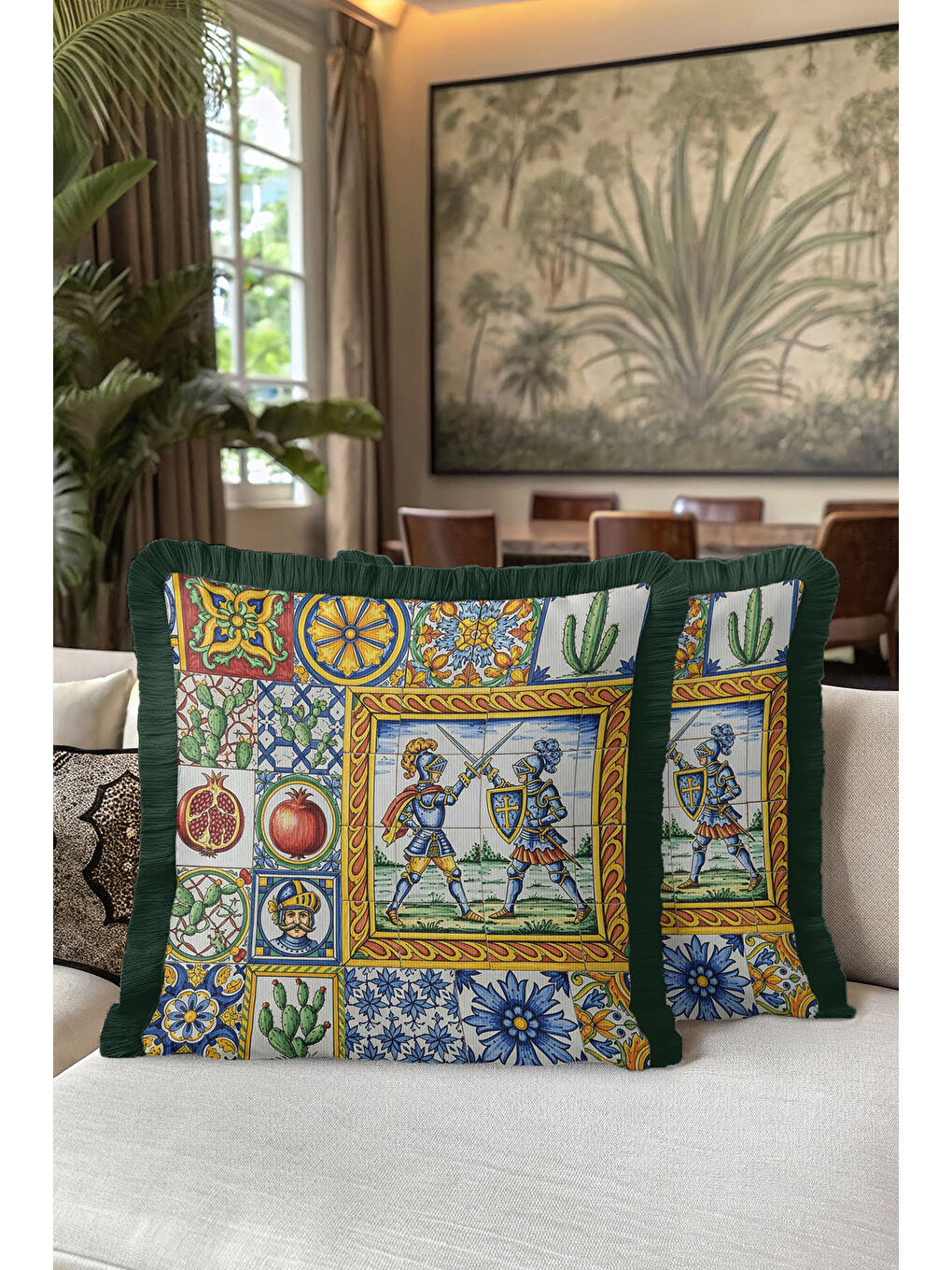 Karışık Akdeniz Şövalye Mozaik Saçaklı Yastık Kılıfı - Renkli Ortaçağ Eklektik Yeşil Püsküllü Kırlent Kılıfı-5