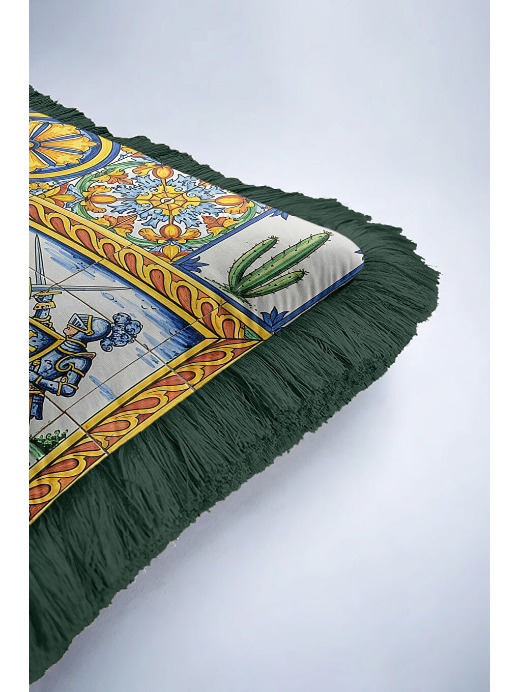 Karışık Akdeniz Şövalye Mozaik Saçaklı Yastık Kılıfı - Renkli Ortaçağ Eklektik Yeşil Püsküllü Kırlent Kılıfı-6