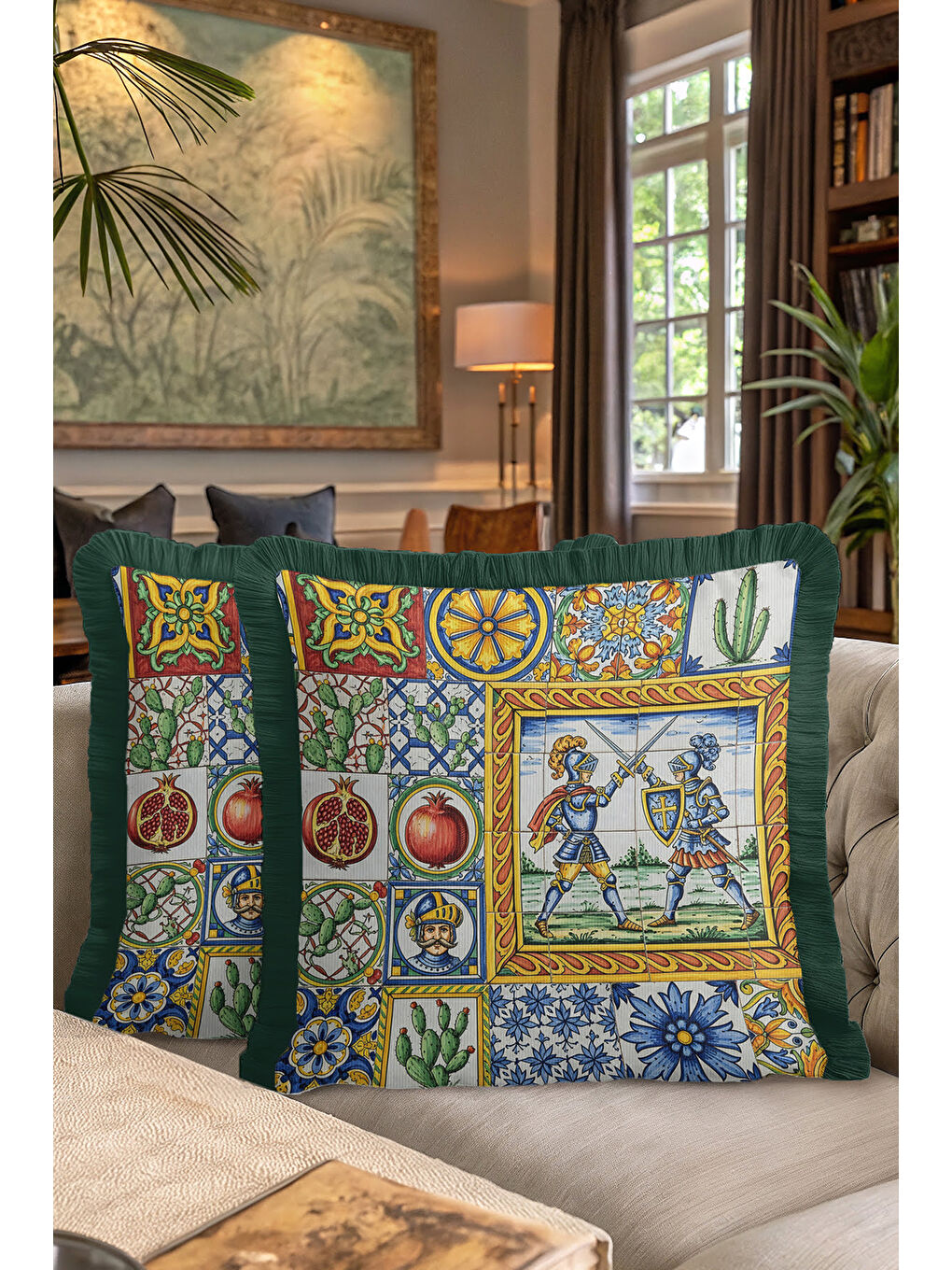 Karışık Akdeniz Şövalye Mozaik Saçaklı Yastık Kılıfı - Renkli Ortaçağ Eklektik Yeşil Püsküllü Kırlent Kılıfı-7