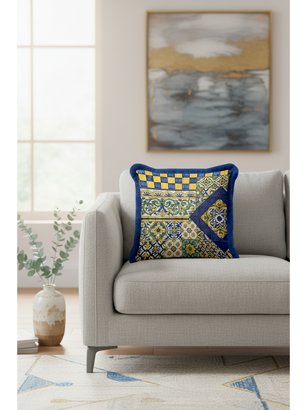 Karışık Saray Motifli Saçaklı Yastık Kılıfı - Akdeniz Etnik Altın Renkli Lacivert Püsküllü Kırlent Kılıfı
