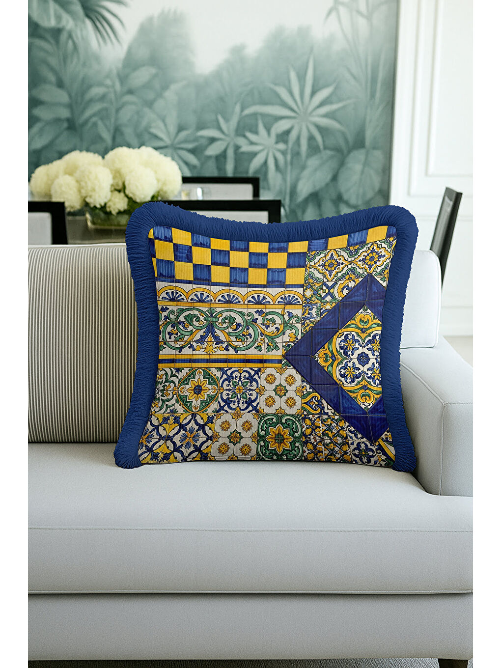Karışık Saray Motifli Saçaklı Yastık Kılıfı - Akdeniz Etnik Altın Renkli Lacivert Püsküllü Kırlent Kılıfı-1