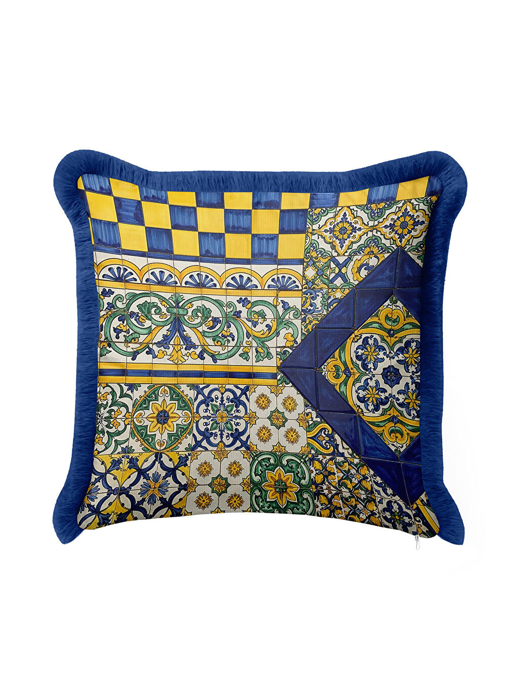 Karışık Saray Motifli Saçaklı Yastık Kılıfı - Akdeniz Etnik Altın Renkli Lacivert Püsküllü Kırlent Kılıfı-2