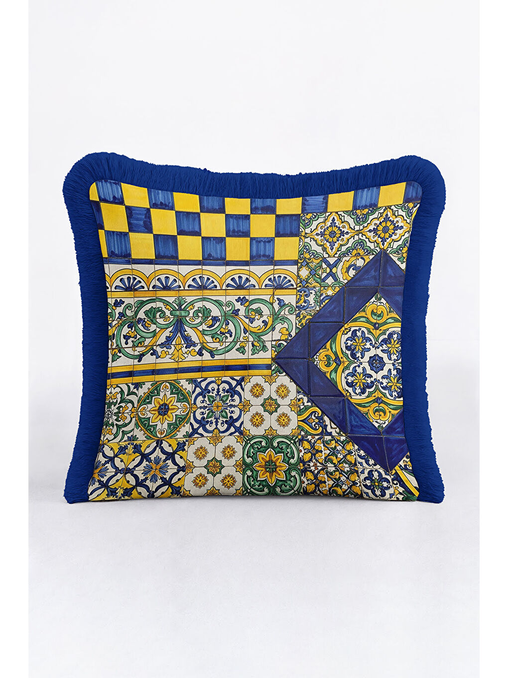 Karışık Saray Motifli Saçaklı Yastık Kılıfı - Akdeniz Etnik Altın Renkli Lacivert Püsküllü Kırlent Kılıfı-3
