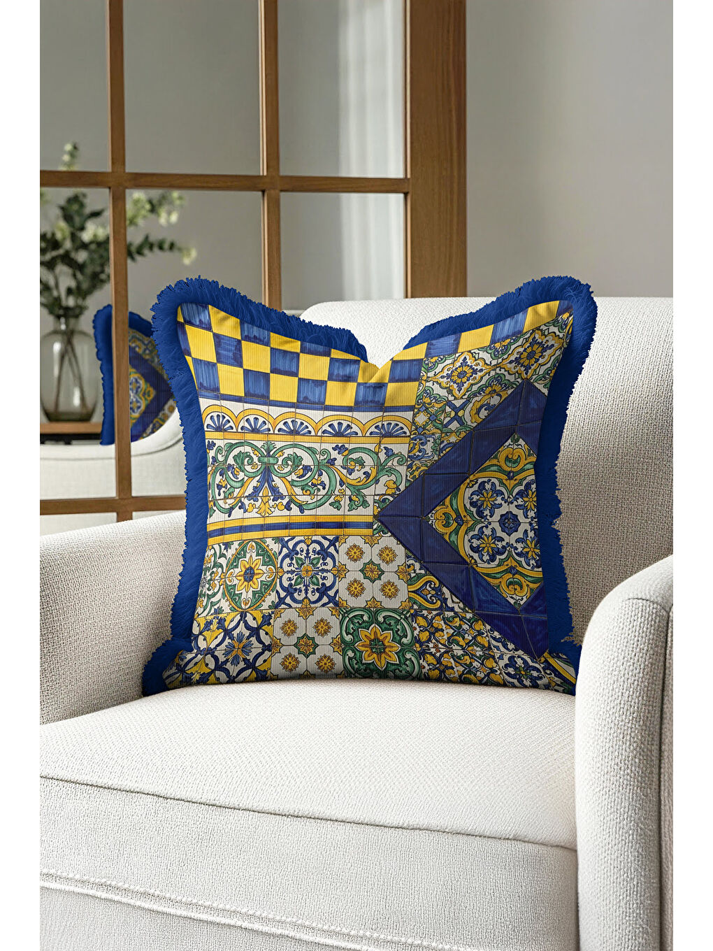 Karışık Saray Motifli Saçaklı Yastık Kılıfı - Akdeniz Etnik Altın Renkli Lacivert Püsküllü Kırlent Kılıfı-4