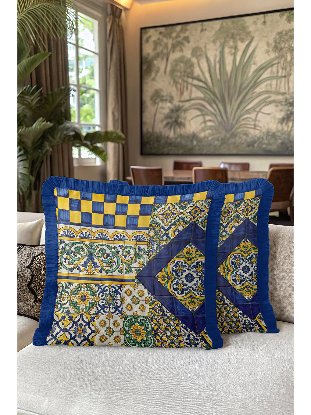 Karışık Saray Motifli Saçaklı Yastık Kılıfı - Akdeniz Etnik Altın Renkli Lacivert Püsküllü Kırlent Kılıfı-5
