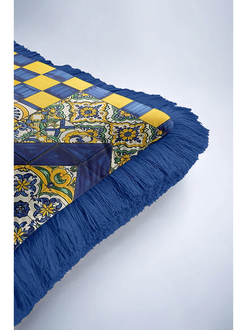 Karışık Saray Motifli Saçaklı Yastık Kılıfı - Akdeniz Etnik Altın Renkli Lacivert Püsküllü Kırlent Kılıfı-6