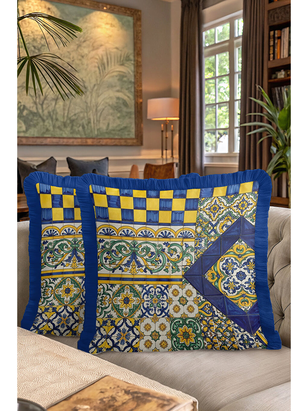 Karışık Saray Motifli Saçaklı Yastık Kılıfı - Akdeniz Etnik Altın Renkli Lacivert Püsküllü Kırlent Kılıfı-7
