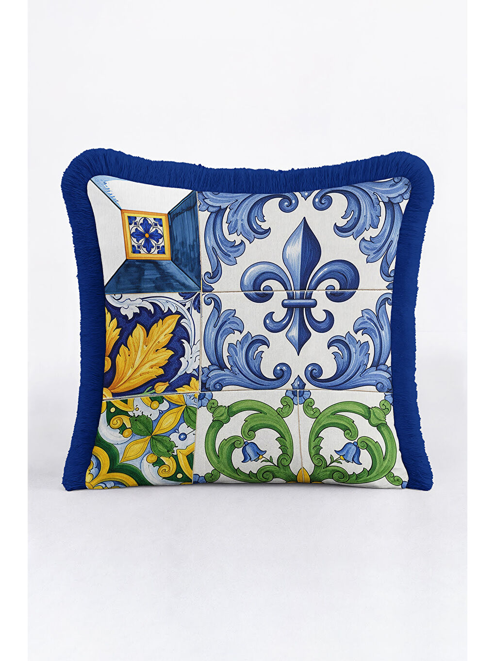 Karışık Lüks Barok Motifli Saçaklı Yastık Kılıfı - Nostaljik Mavi Sarı Yeşil Püsküllü Kırlent Kılıfı-1