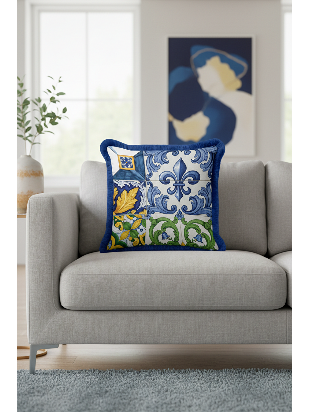 Karışık Lüks Barok Motifli Saçaklı Yastık Kılıfı - Nostaljik Mavi Sarı Yeşil Püsküllü Kırlent Kılıfı-2