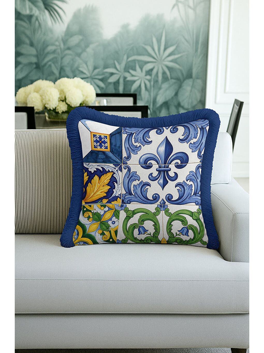 Karışık Lüks Barok Motifli Saçaklı Yastık Kılıfı - Nostaljik Mavi Sarı Yeşil Püsküllü Kırlent Kılıfı-3