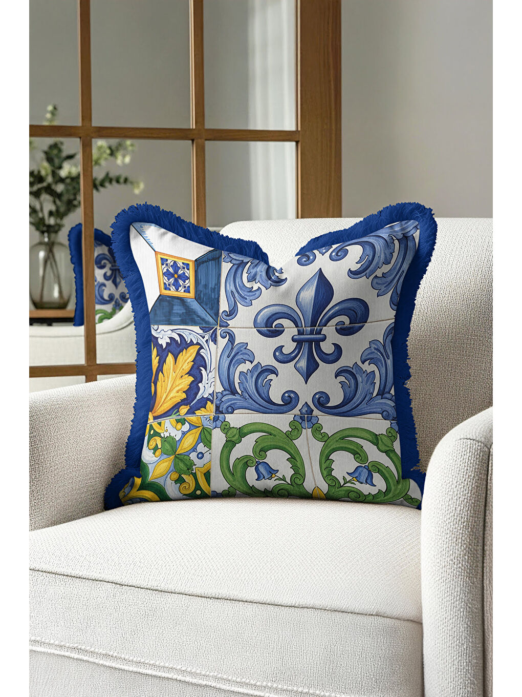 Karışık Lüks Barok Motifli Saçaklı Yastık Kılıfı - Nostaljik Mavi Sarı Yeşil Püsküllü Kırlent Kılıfı-4