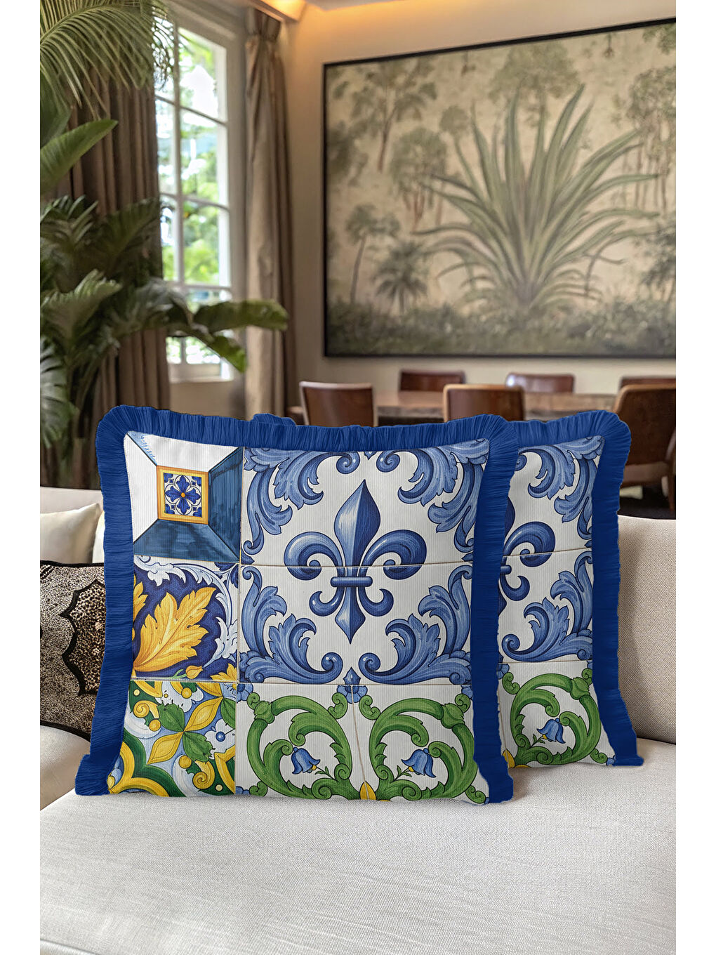 Karışık Lüks Barok Motifli Saçaklı Yastık Kılıfı - Nostaljik Mavi Sarı Yeşil Püsküllü Kırlent Kılıfı-5