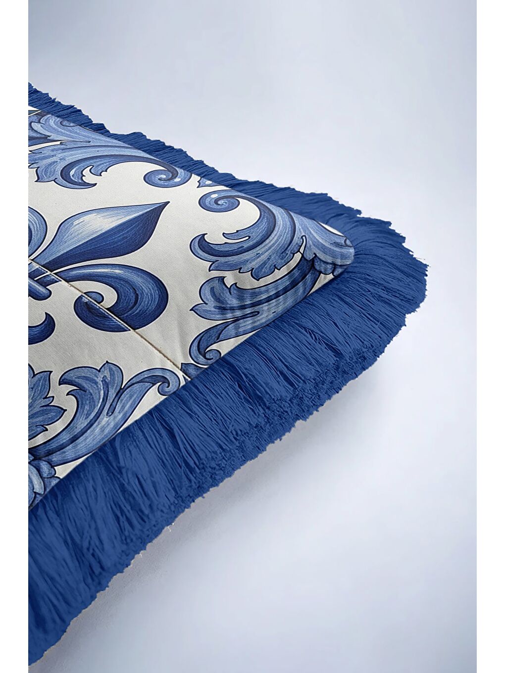 Karışık Lüks Barok Motifli Saçaklı Yastık Kılıfı - Nostaljik Mavi Sarı Yeşil Püsküllü Kırlent Kılıfı-6