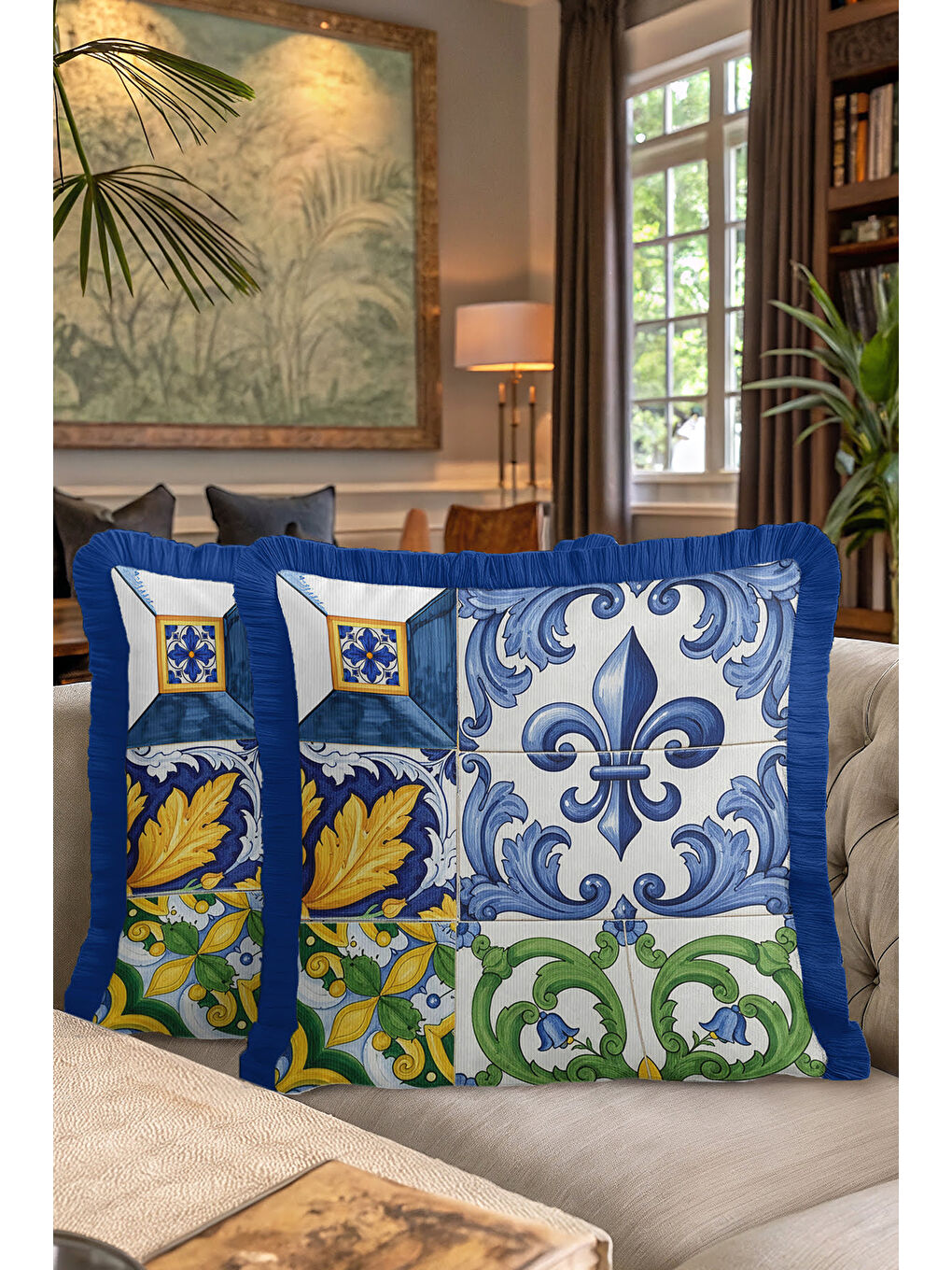 Karışık Lüks Barok Motifli Saçaklı Yastık Kılıfı - Nostaljik Mavi Sarı Yeşil Püsküllü Kırlent Kılıfı-7