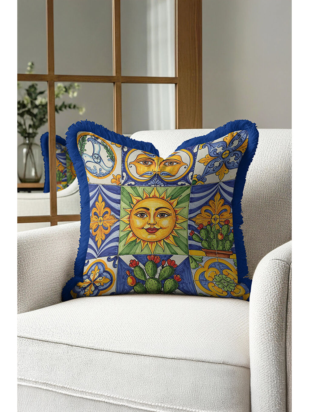 Karışık Akdeniz Motifli Saçaklı Yastık Kılıfı - Retro Güneş Temalı Sarı Mavi Püsküllü Kırlent Kılıfı-1