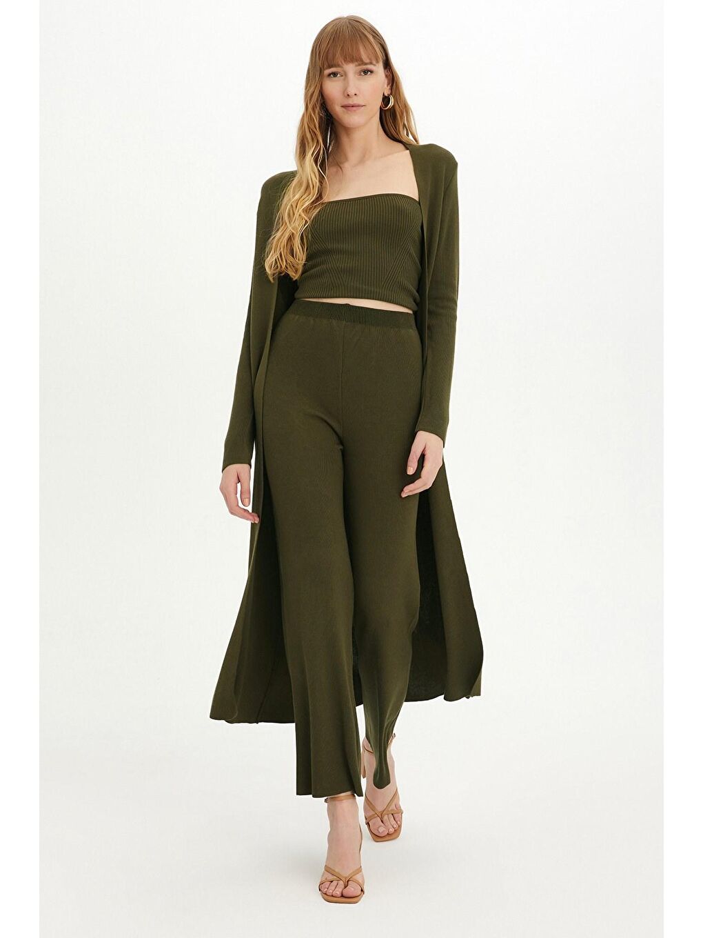 Haki Straplez Atlet Hırka Pantolon Üçlü Triko Takım