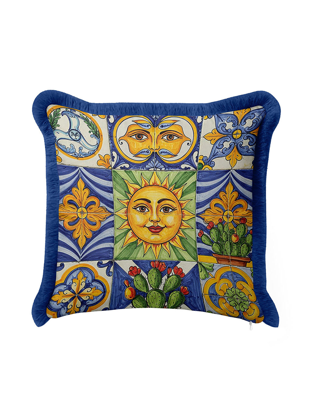 Karışık Akdeniz Motifli Saçaklı Yastık Kılıfı - Retro Güneş Temalı Sarı Mavi Püsküllü Kırlent Kılıfı-2