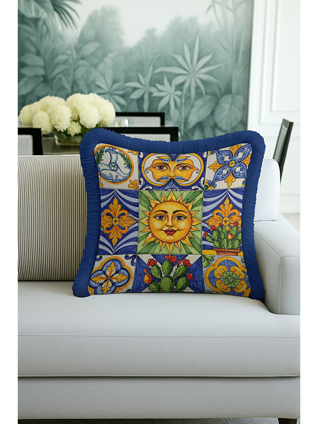 Karışık Akdeniz Motifli Saçaklı Yastık Kılıfı - Retro Güneş Temalı Sarı Mavi Püsküllü Kırlent Kılıfı-3