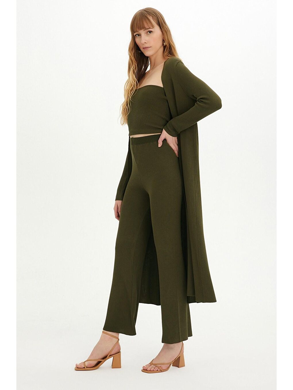 Haki Straplez Atlet Hırka Pantolon Üçlü Triko Takım-2