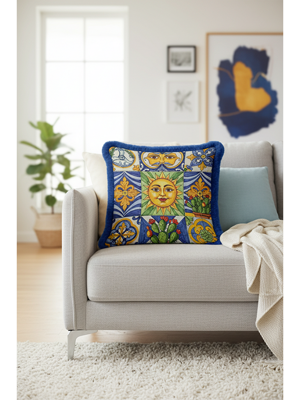 Karışık Akdeniz Motifli Saçaklı Yastık Kılıfı - Retro Güneş Temalı Sarı Mavi Püsküllü Kırlent Kılıfı-4