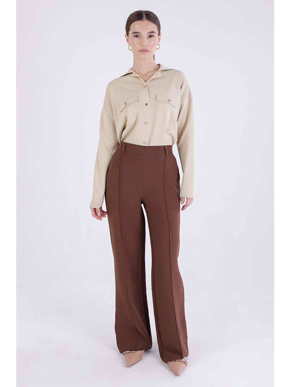Kahverengi Acı Kahve Nervürlü Palazzo Pantolon-1