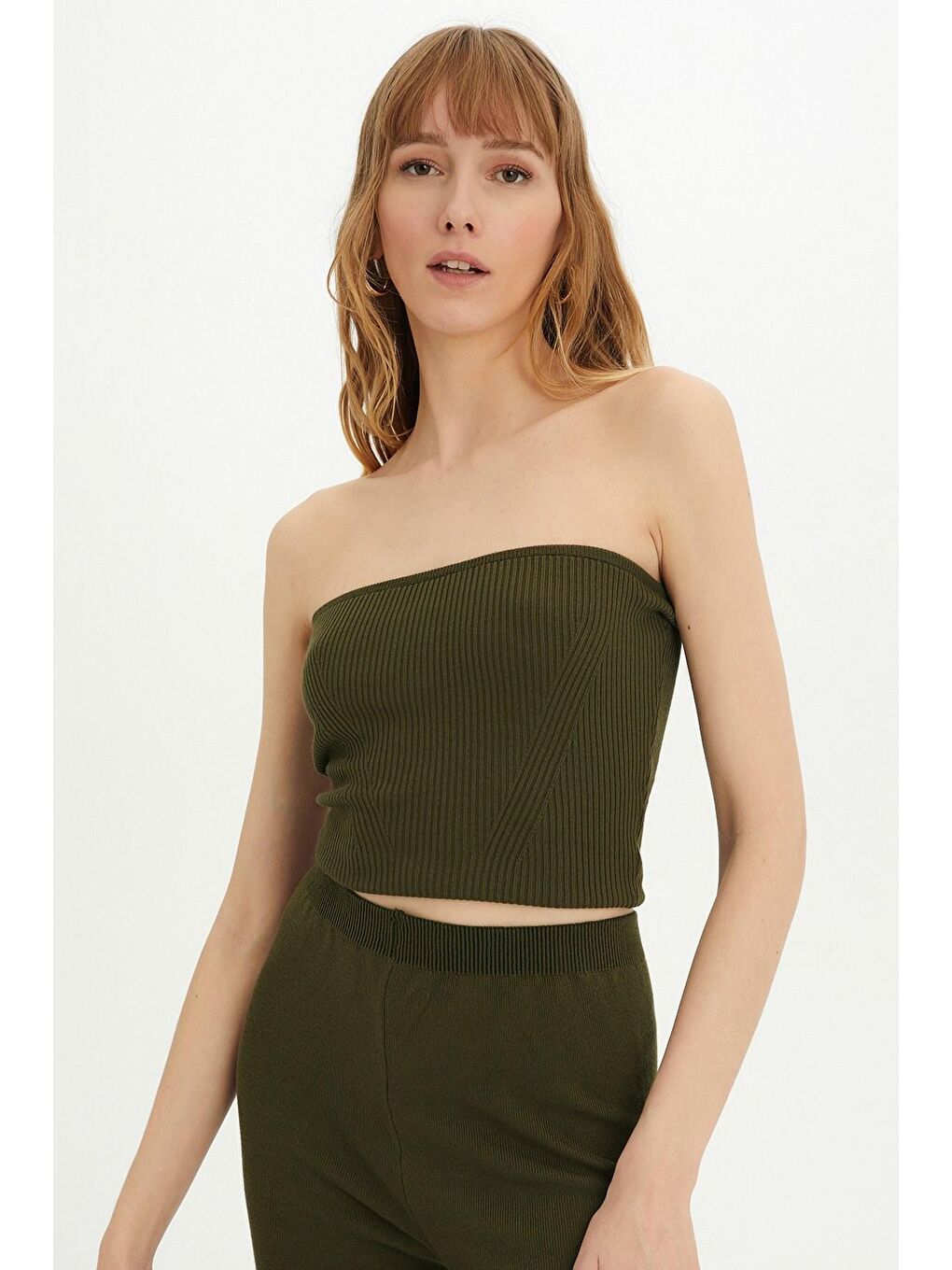 Haki Straplez Atlet Hırka Pantolon Üçlü Triko Takım-3