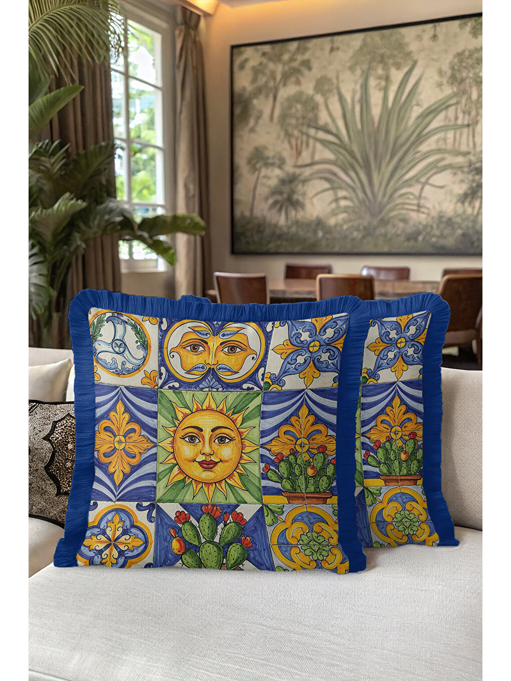 Karışık Akdeniz Motifli Saçaklı Yastık Kılıfı - Retro Güneş Temalı Sarı Mavi Püsküllü Kırlent Kılıfı-5