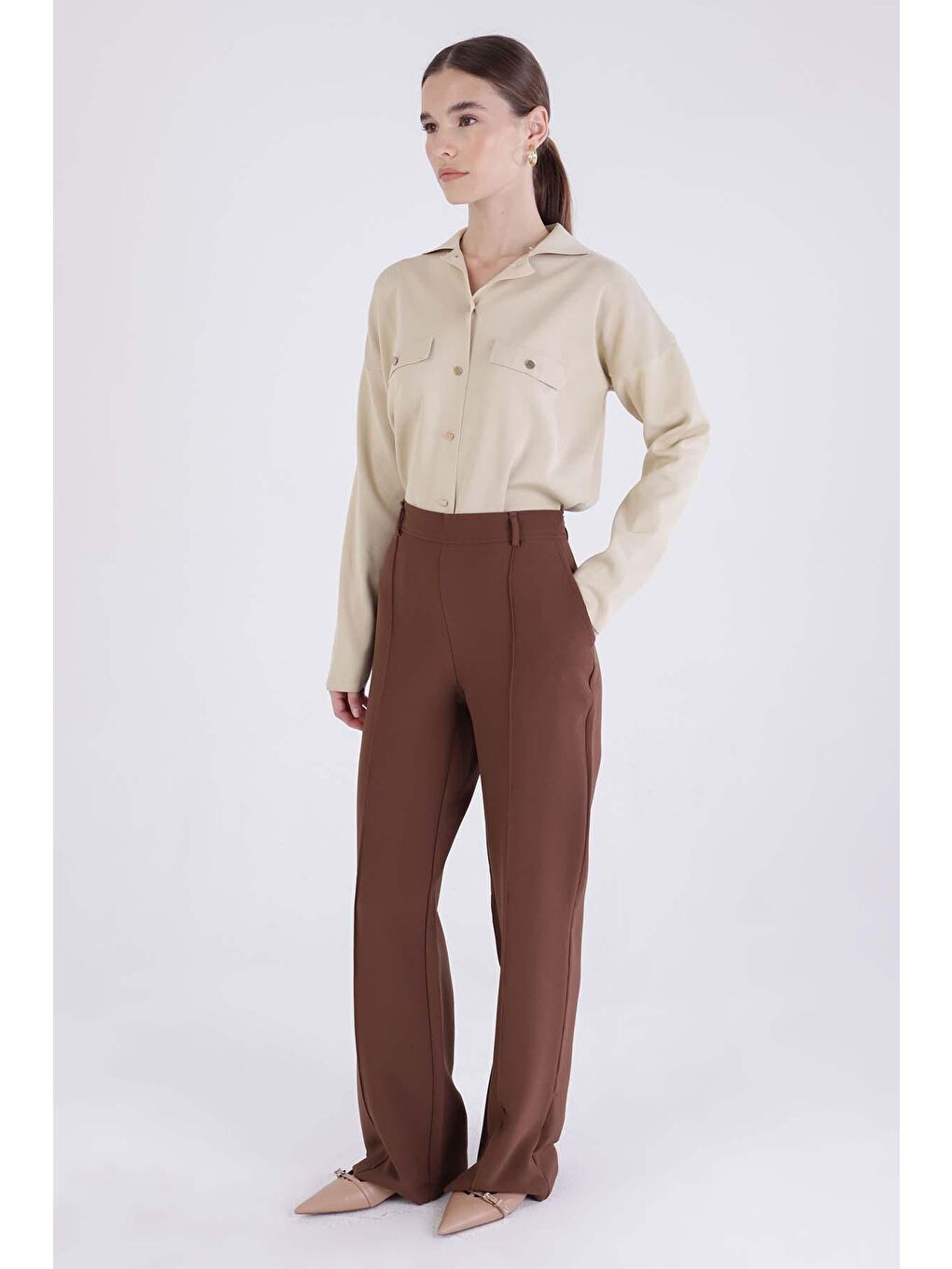 Kahverengi Acı Kahve Nervürlü Palazzo Pantolon-2