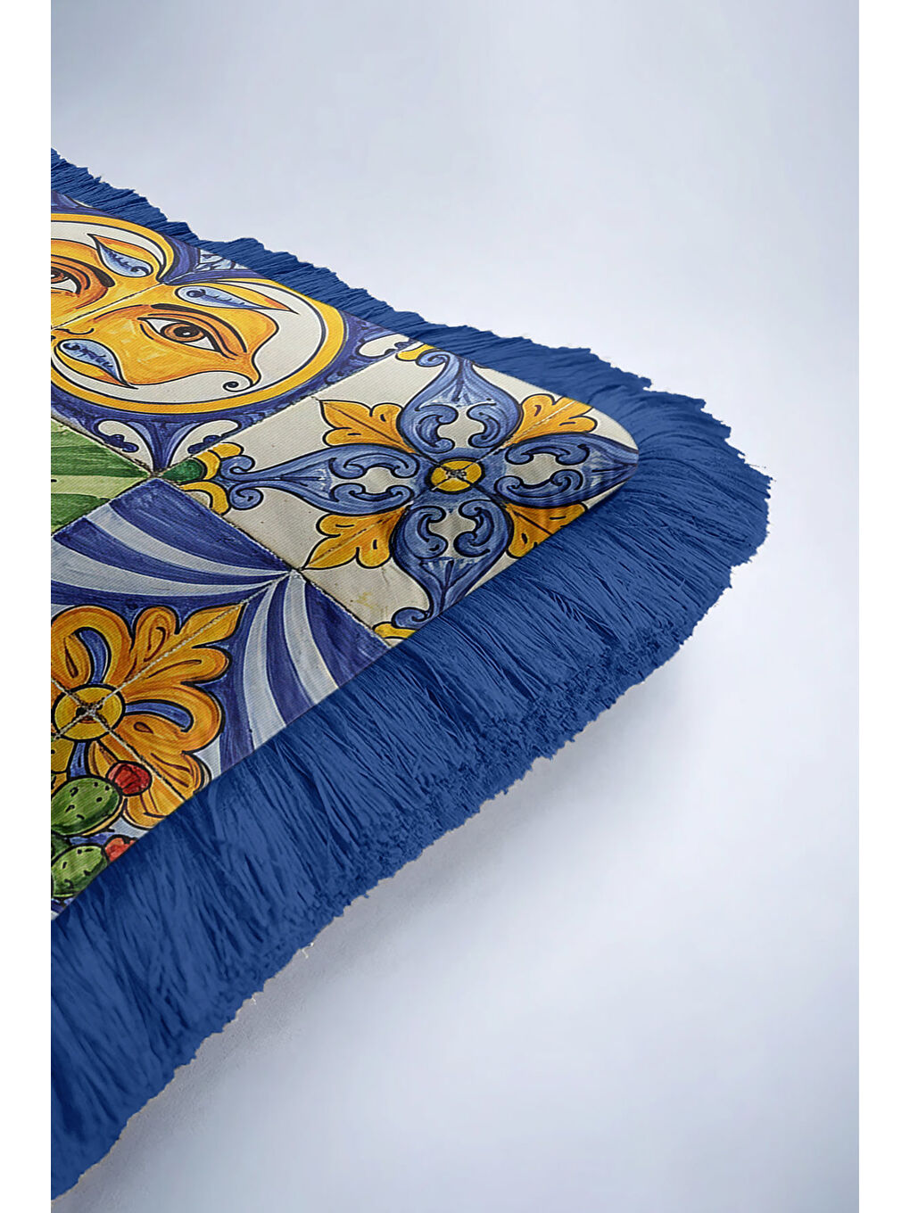 Karışık Akdeniz Motifli Saçaklı Yastık Kılıfı - Retro Güneş Temalı Sarı Mavi Püsküllü Kırlent Kılıfı-6