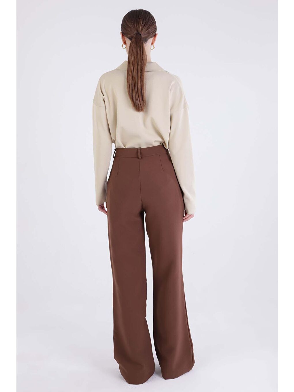 Kahverengi Acı Kahve Nervürlü Palazzo Pantolon-3