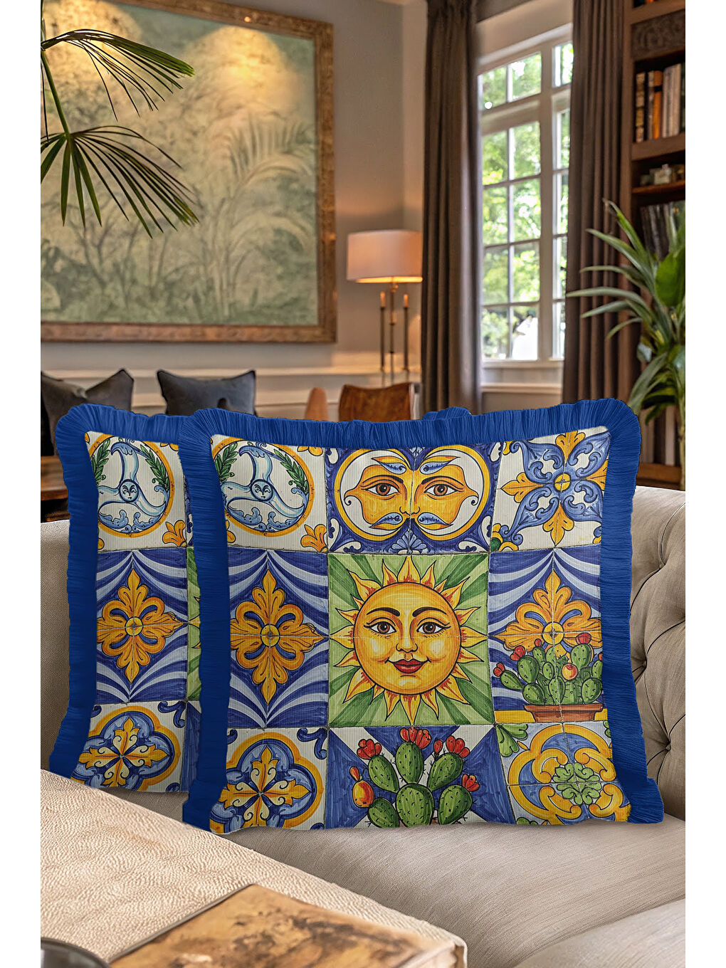 Karışık Akdeniz Motifli Saçaklı Yastık Kılıfı - Retro Güneş Temalı Sarı Mavi Püsküllü Kırlent Kılıfı-7