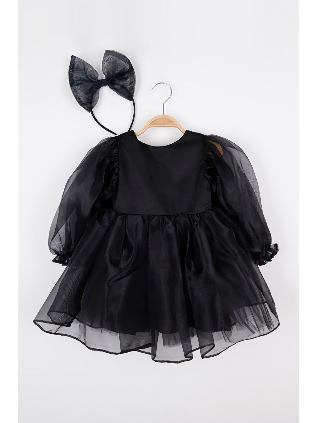 Siyah Uzun Kollu Organze Kız Çocuk Parti Elbisesi - Sage-1