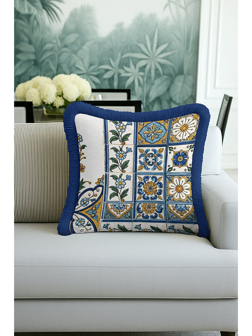 Karışık Çini Motifli Saçaklı Yastık Kılıfı - Akdeniz Stili Retro Mavi Sarı Püsküllü Kırlent Kılıfı