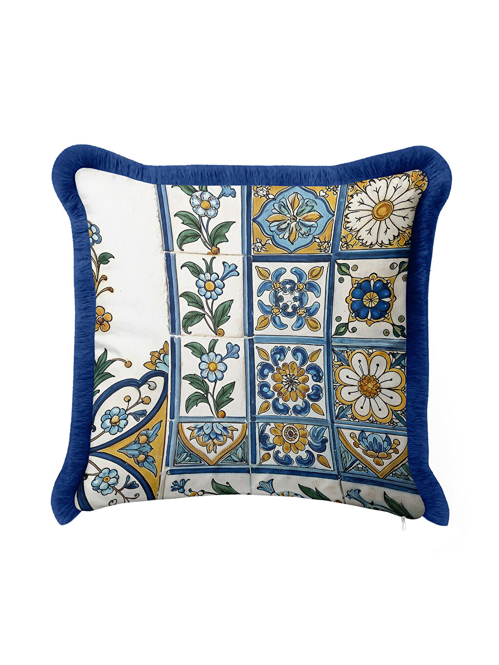 Karışık Çini Motifli Saçaklı Yastık Kılıfı - Akdeniz Stili Retro Mavi Sarı Püsküllü Kırlent Kılıfı-1