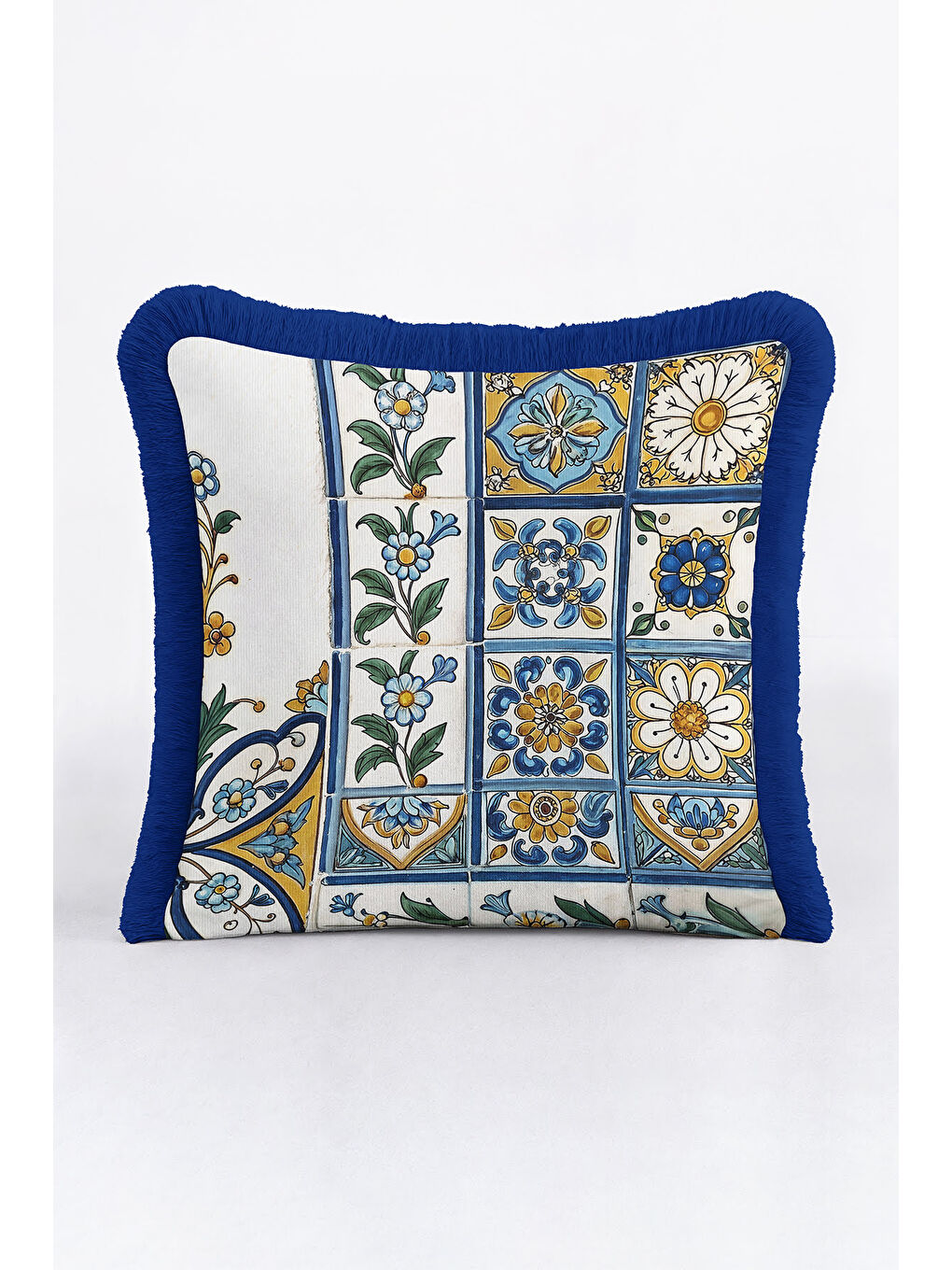 Karışık Çini Motifli Saçaklı Yastık Kılıfı - Akdeniz Stili Retro Mavi Sarı Püsküllü Kırlent Kılıfı-2